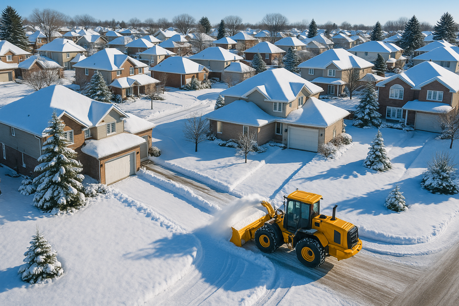 MAKE hero image for snow remover company with areal view of suburban houses in canada, where sno tractor is removing snow on someone driveway